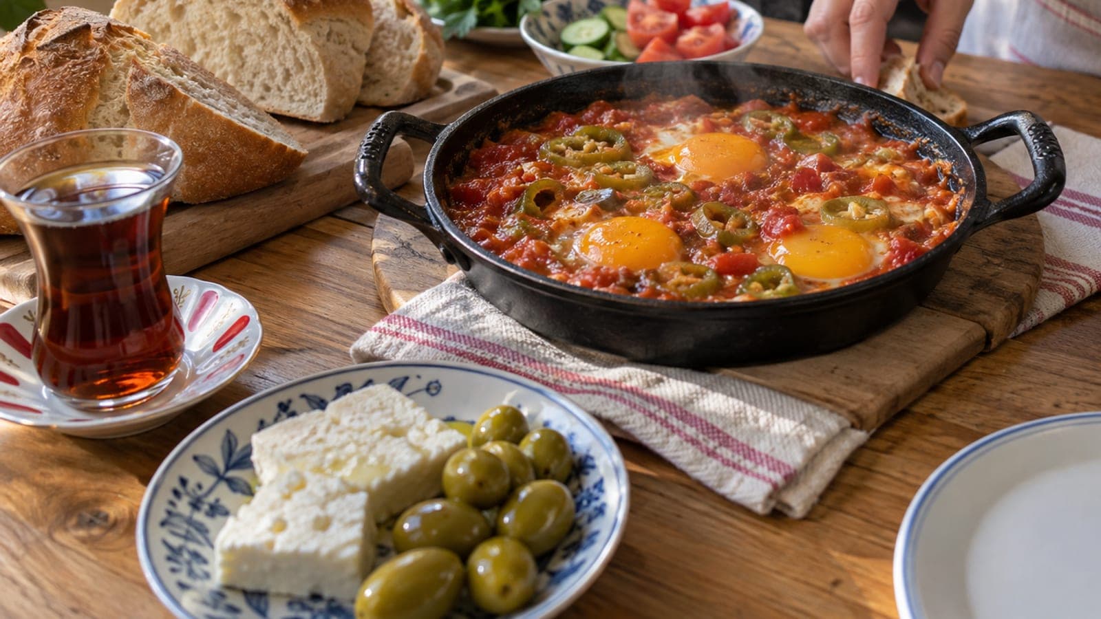 Demir tavada buğusu çıkan menemen, yanında dilimlenmiş ekmek, bardakta çay, beyaz peynir ve zeytin tabağı.