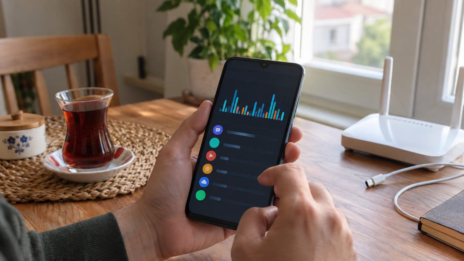 Ev masasında tutulan telefonun ekranında veri kullanım grafiği ve uygulama listesi, yanında çay bardağı ve modem.