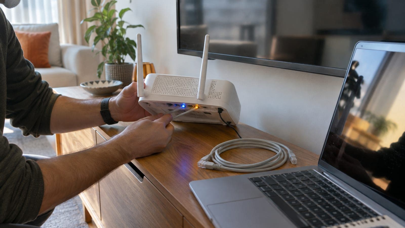 Sehpa üzerindeki modemin yanında açık dizüstü bilgisayar ve modem etiketine bakan bir el, önünde Ethernet kablosu duruyor.