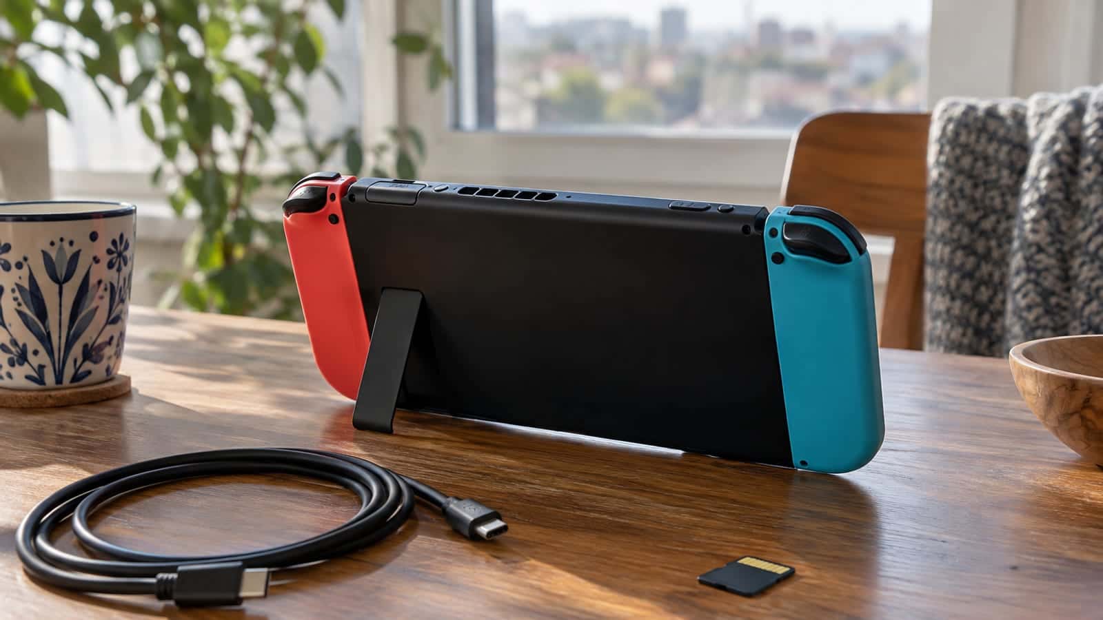 Masada ayağı açık duran siyah taşınabilir oyun konsolu, yanında kumandaları, USB-C kablosu ve hafıza kartı
