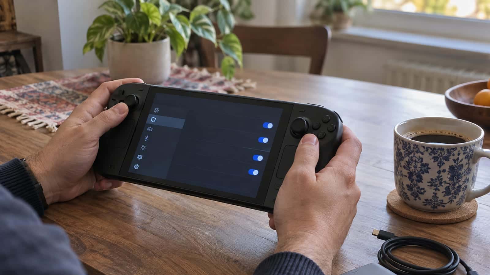 Ayarlar menüsü açık bir taşınabilir oyun konsolunu tutan el; masada USB-C kablo ve taşınabilir şarj cihazı duruyor.