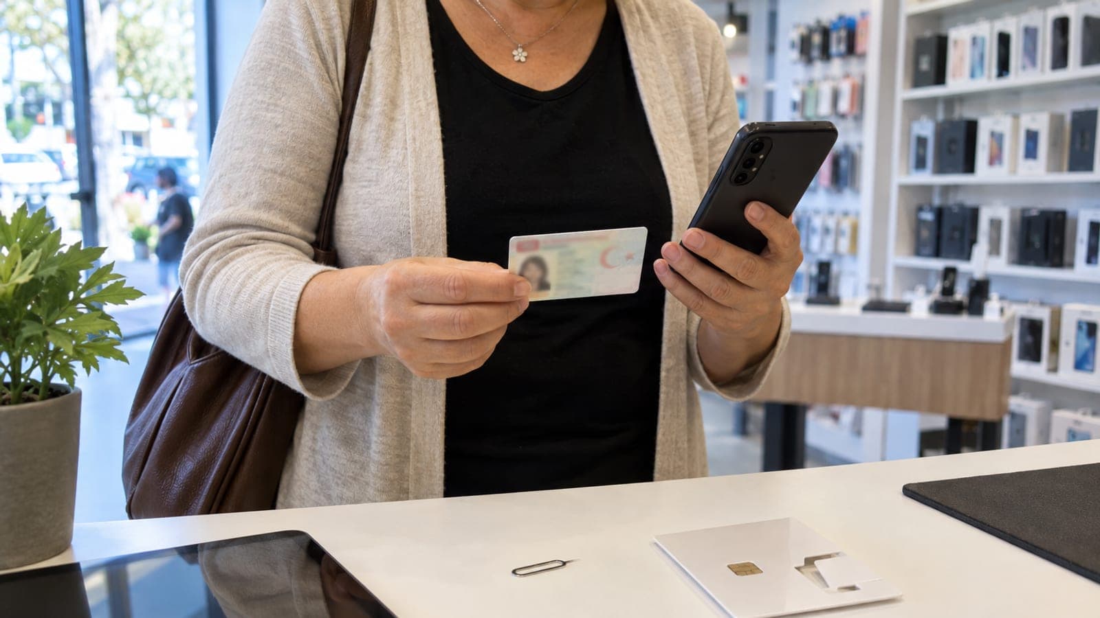 Telefon bayisinde tezgah başında kimliğini ve telefonunu tutan kadın; tezgahta yeni SIM kart paketi ve SIM iğnesi duruyor.