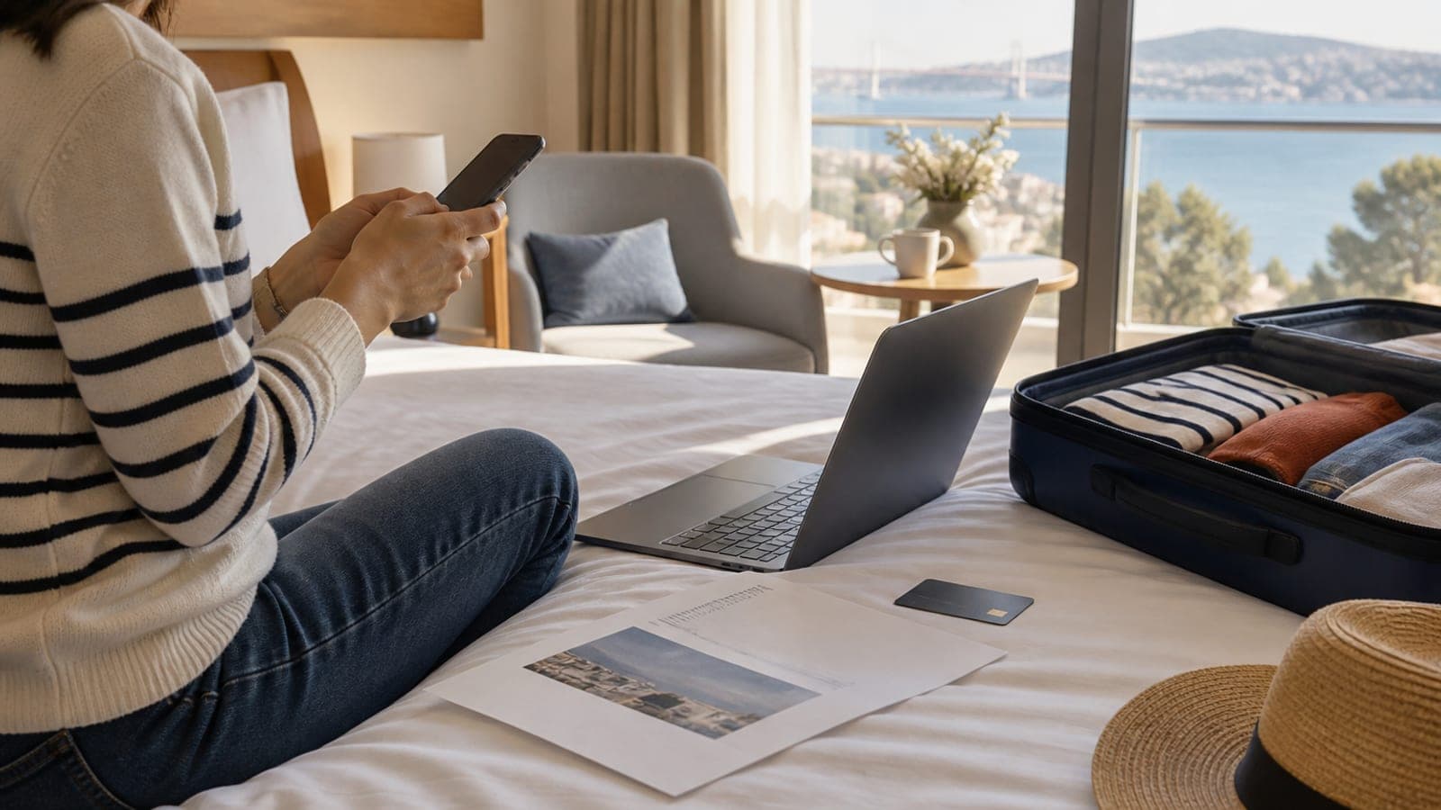 Otel odasında yatakta oturan kişi telefonundan rezervasyonuna bakıyor; yanında dizüstü bilgisayar, belge, kart ve valiz duruyor.
