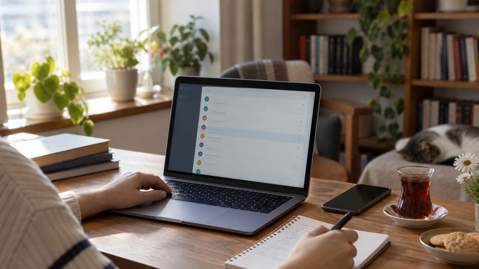 Çalışma masasında parola listesi görünen dizüstü bilgisayar, telefon, el yazısı notlu defter ve çay bardağı