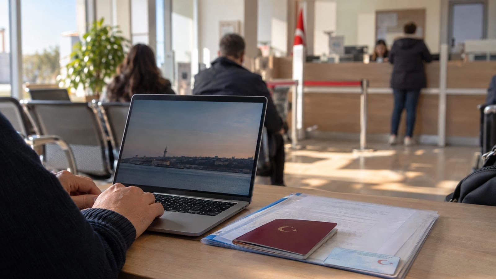 Masada duran bordo pasaport, kimlik kartı ve başvuru belgesi; arkada bulanık kurum bekleme salonu görünüyor.