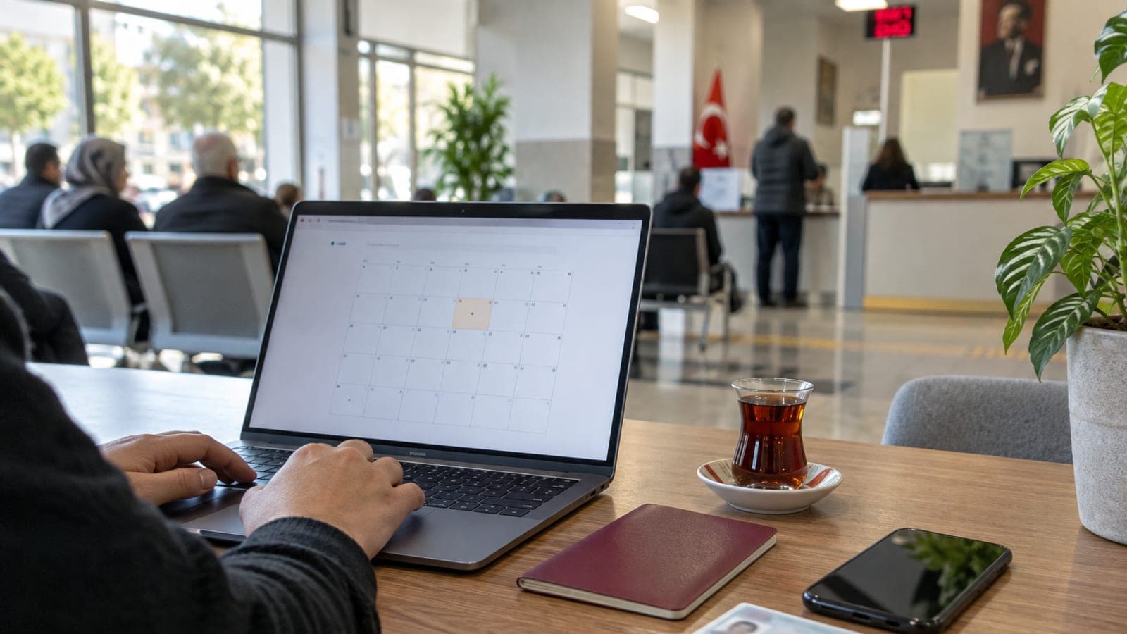 Masada dizüstü bilgisayarda takvim ekranı, yanında pasaport, kimlik kartı ve telefon; arkada bulanık bekleme salonu