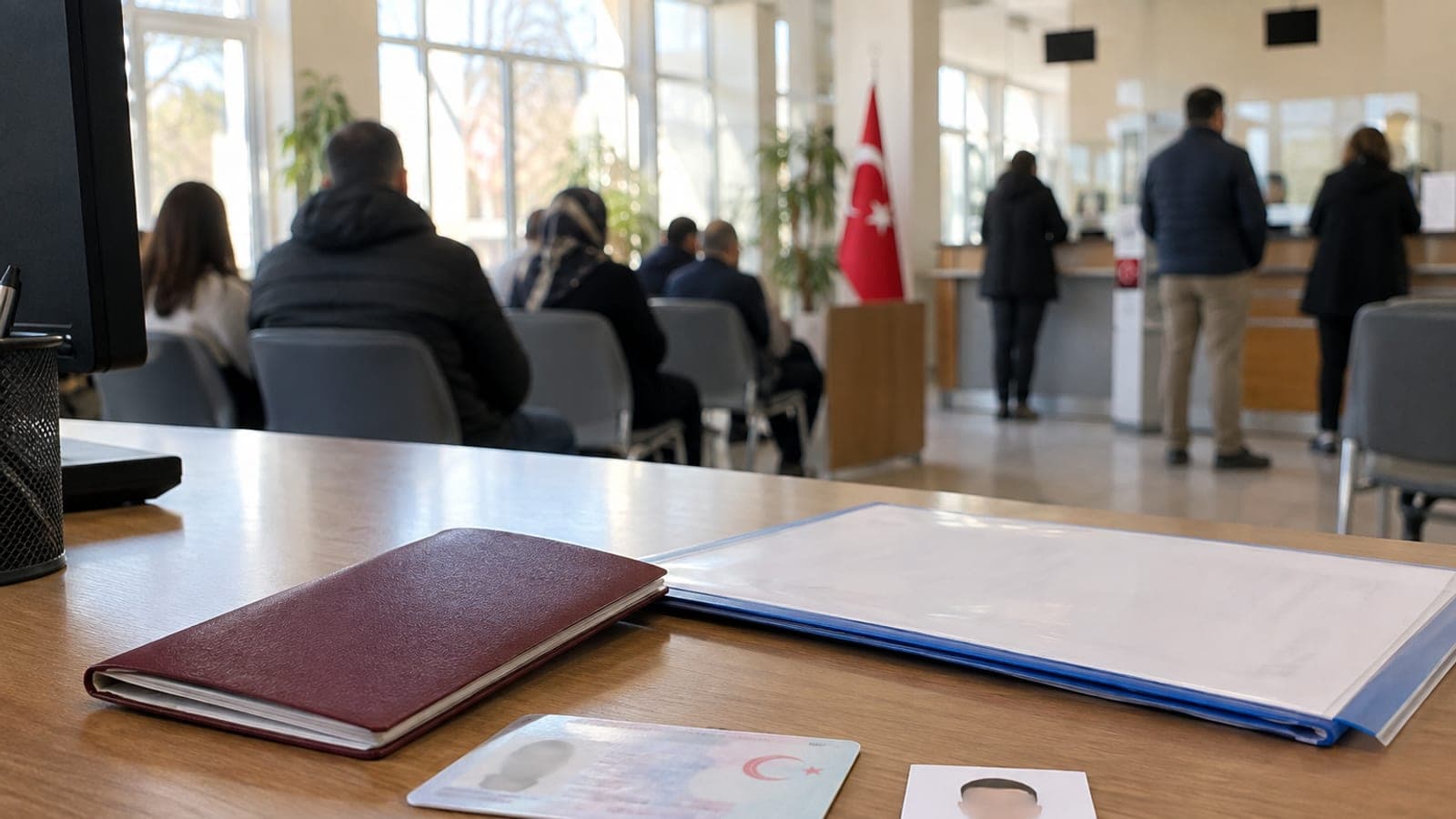 Kamu bürosunda masada duran bordo pasaport, kimlik kartı, biyometrik fotoğraf ve dosya; arkada bekleyen insanlar bulanık görünüyor.