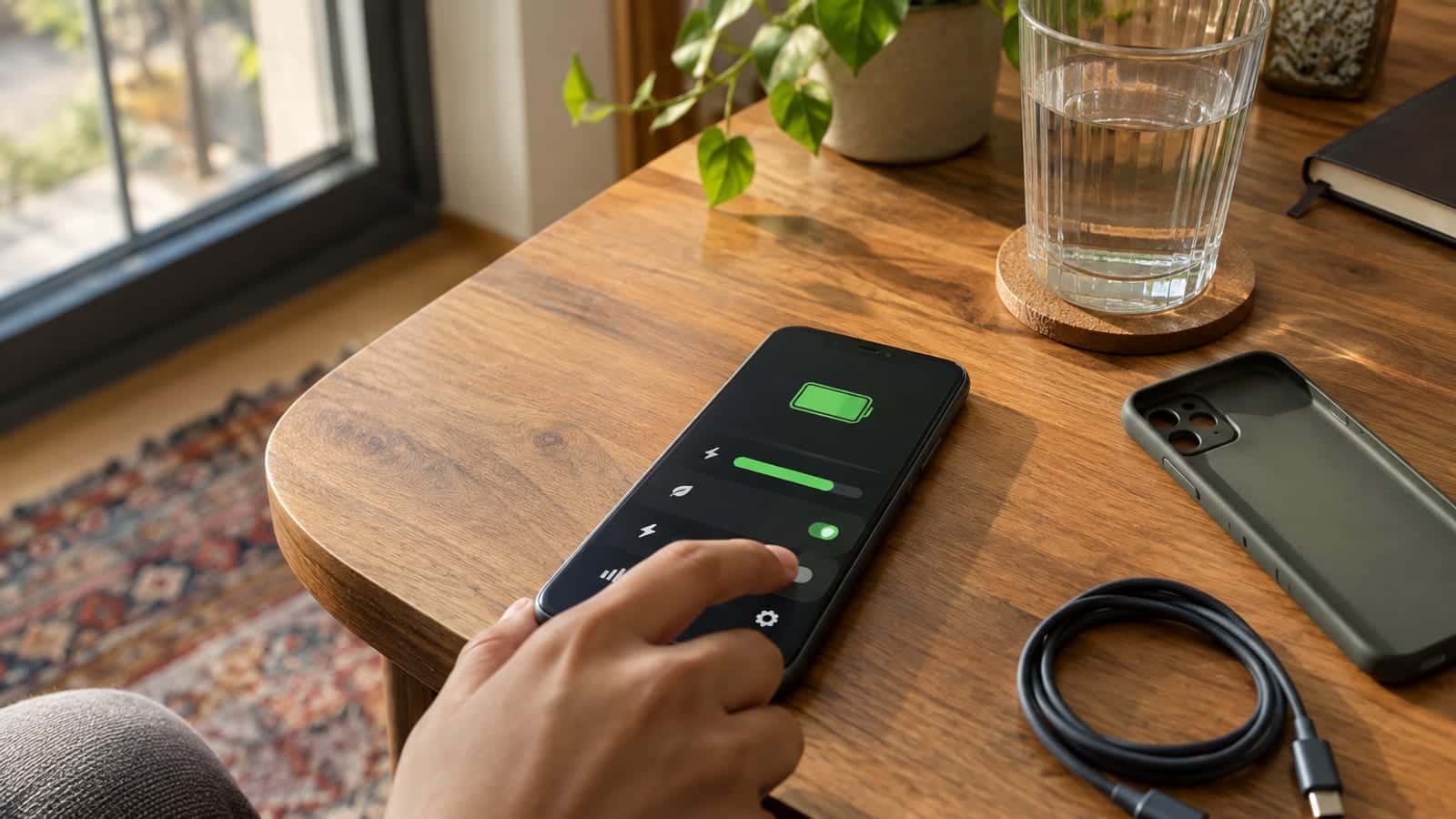 Masada ekranı açık duran bir akıllı telefon, yanında USB-C şarj kablosu ve çıkarılmış silikon kılıf
