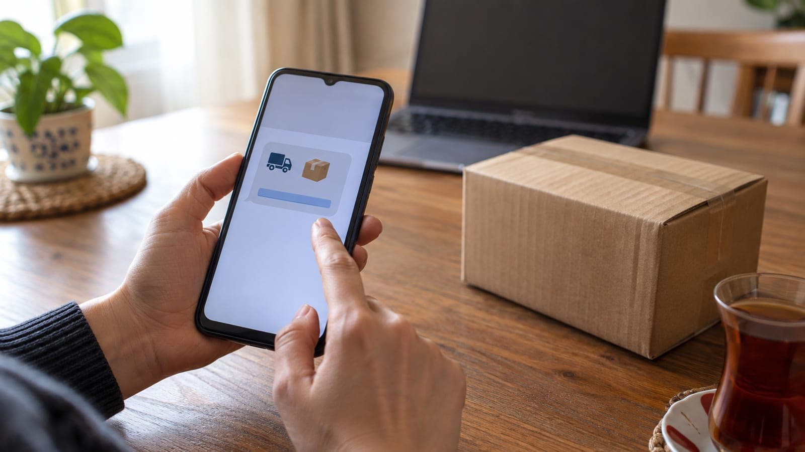 Elinde telefon tutan kişi, kargo bildirimi gibi görünen şüpheli mesajdaki linke dokunmadan tereddüt ediyor; masada küçük bir koli var.