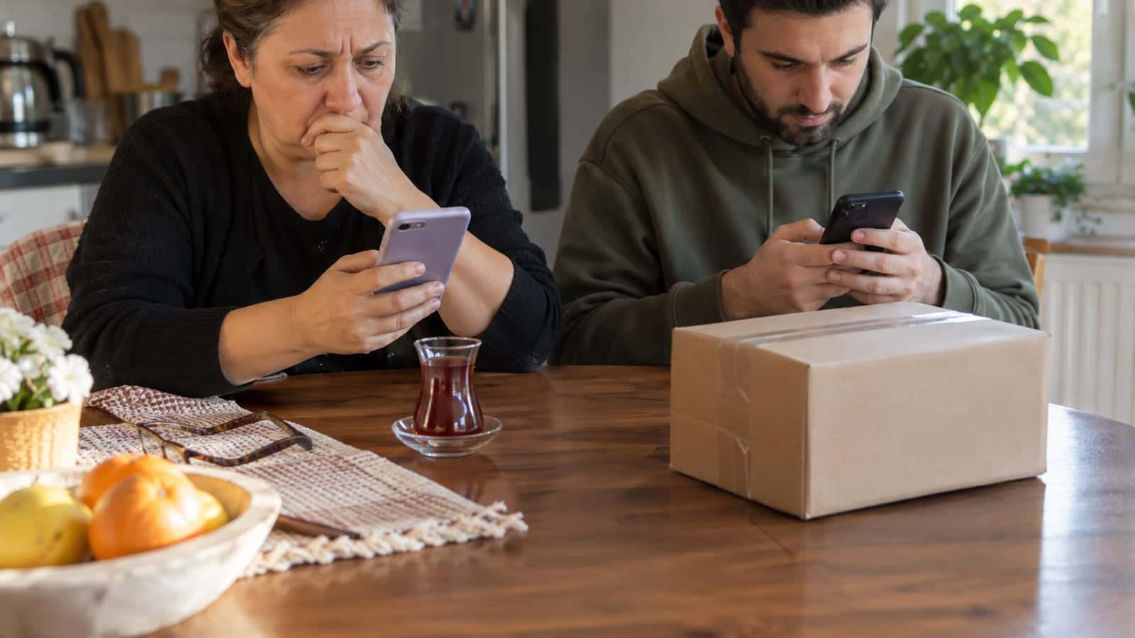 Mutfak masasında telefonundaki şüpheli mesajı inceleyen kadın ve yanında kendi telefonuyla kontrol eden oğlu