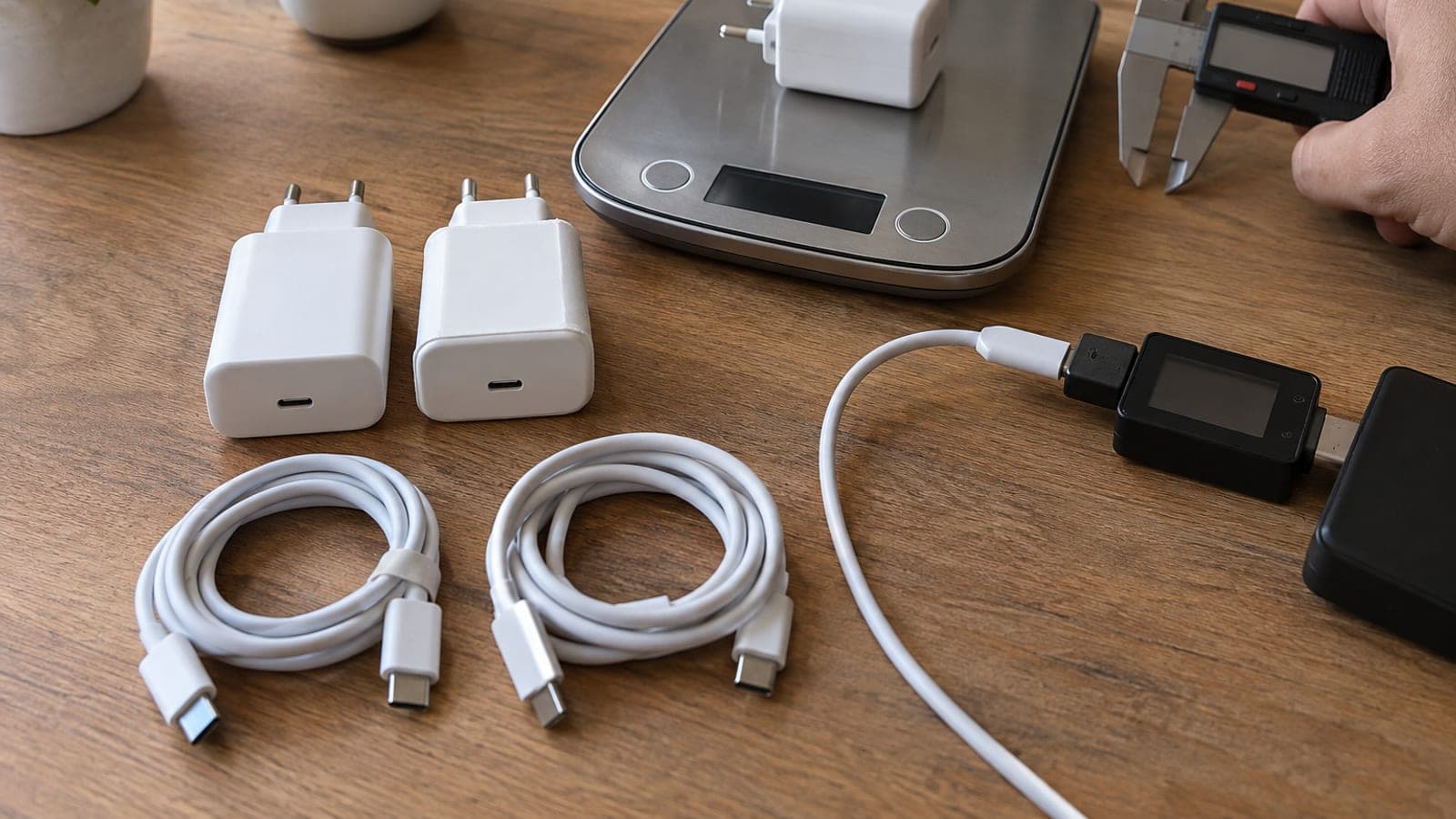 Masada iki şarj adaptörü ve kablo; biri terazide tartılıyor, yanında kumpas ve şarj gücünü gösteren USB ölçer duruyor.