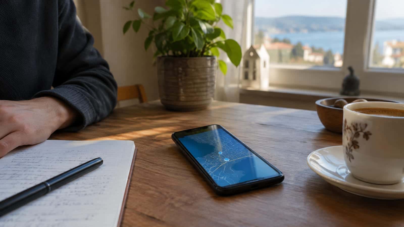 Masada ekranında harita görünen bir akıllı telefon, yanında kalem, not kağıdı ve kahve fincanı