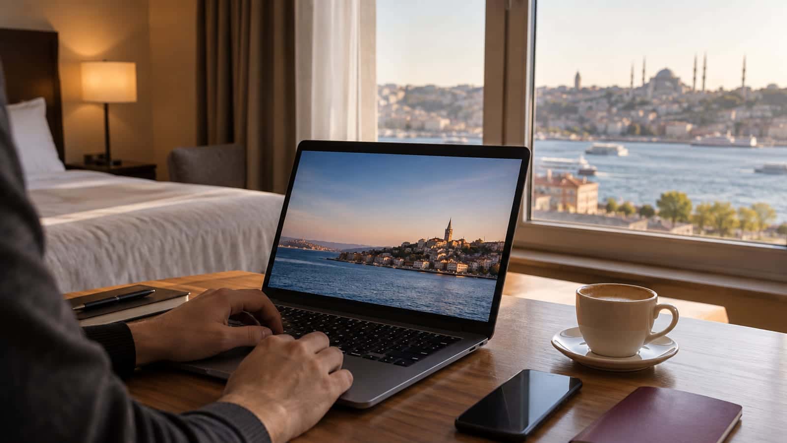 Otel odasındaki masada açık dizüstü bilgisayar, yanında telefon, pasaport ve kahve fincanı; pencereden gün ışığı giriyor.