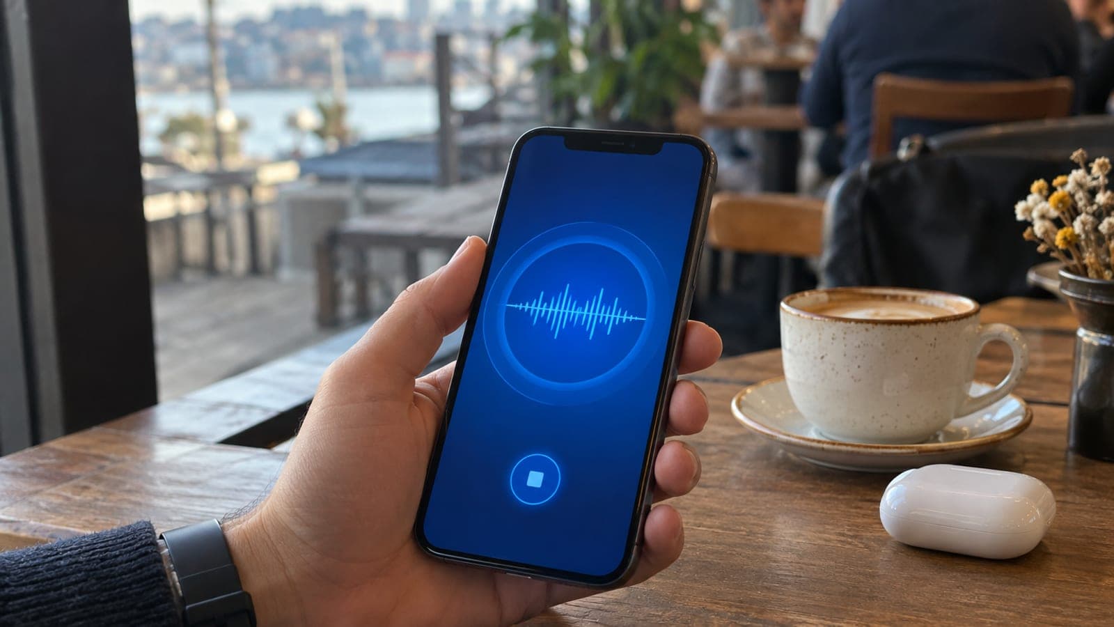 Kafede bir elde tutulan iPhone'un ekranında müzik tanıma uygulaması açık, masada kahve ve kulaklık duruyor.