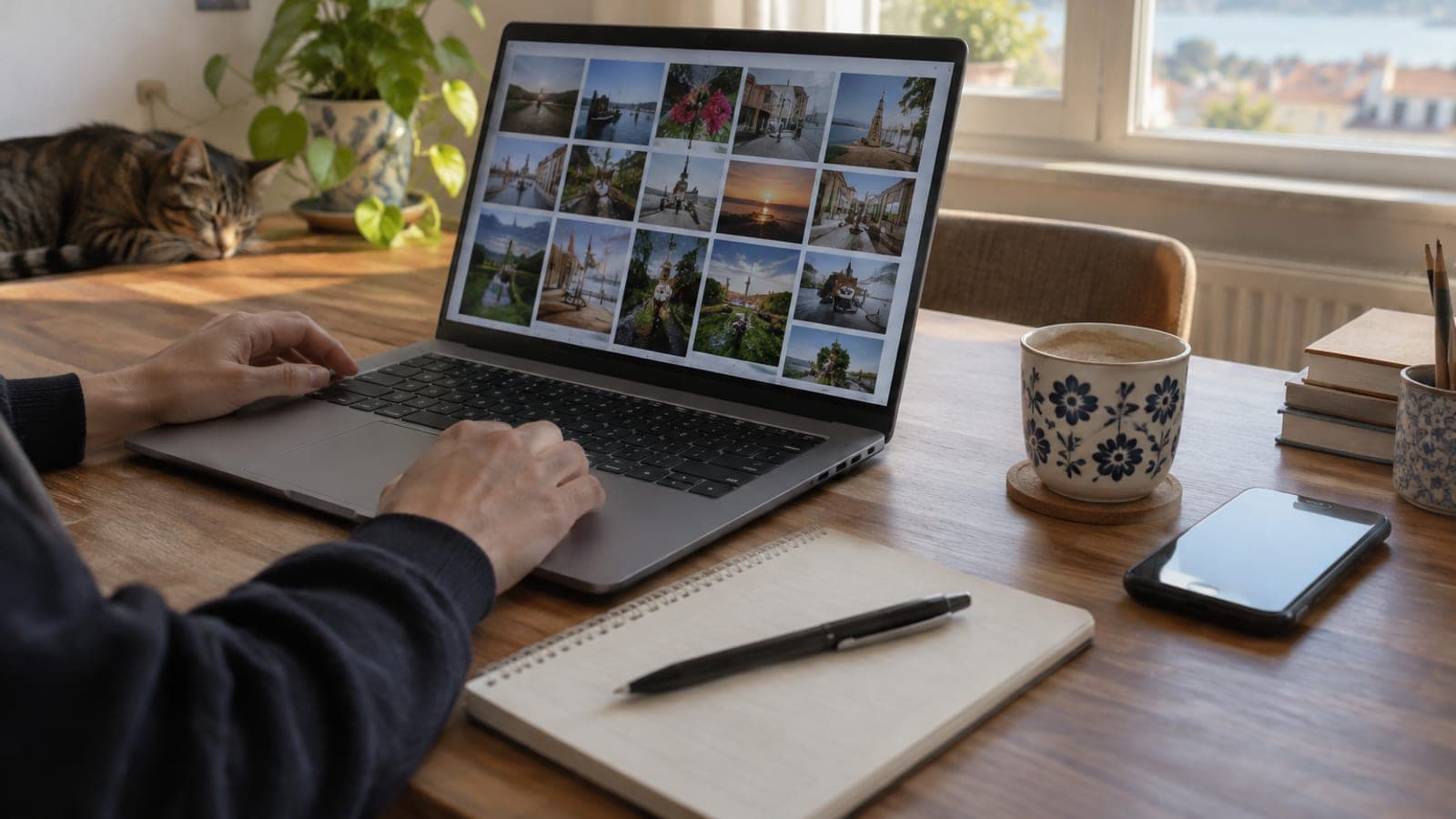 Masada açık dizüstü bilgisayar ekranında fotoğraf galerisi, yanında telefon, kahve fincanı ve defter
