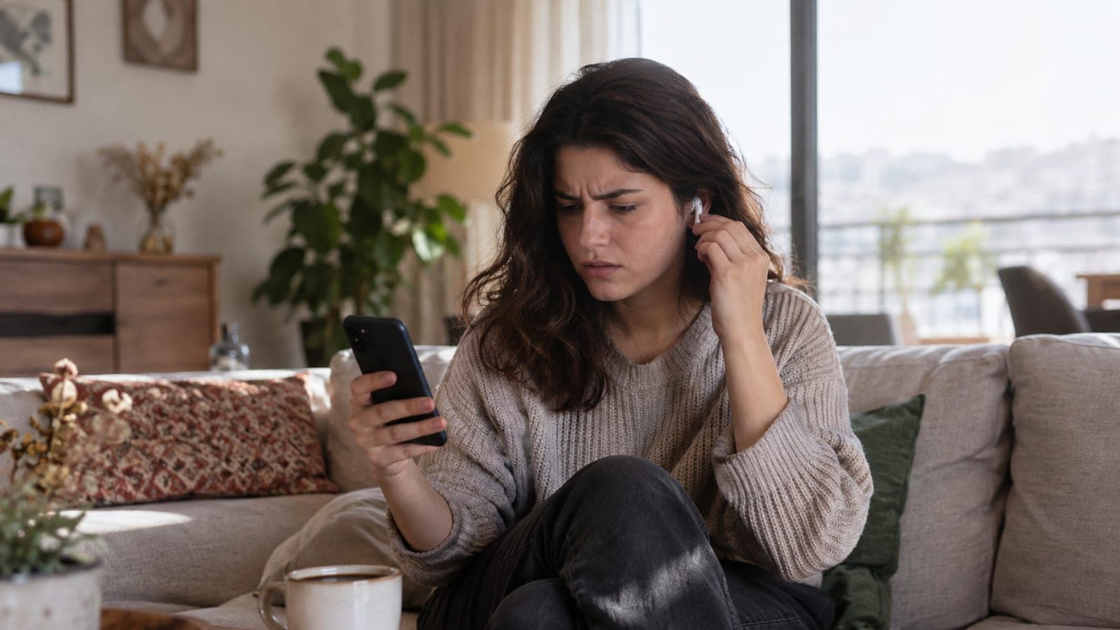 Kulaklığını kulağından çıkarıp telefon ekranına şaşkın şekilde bakan, kanepede oturan kişi