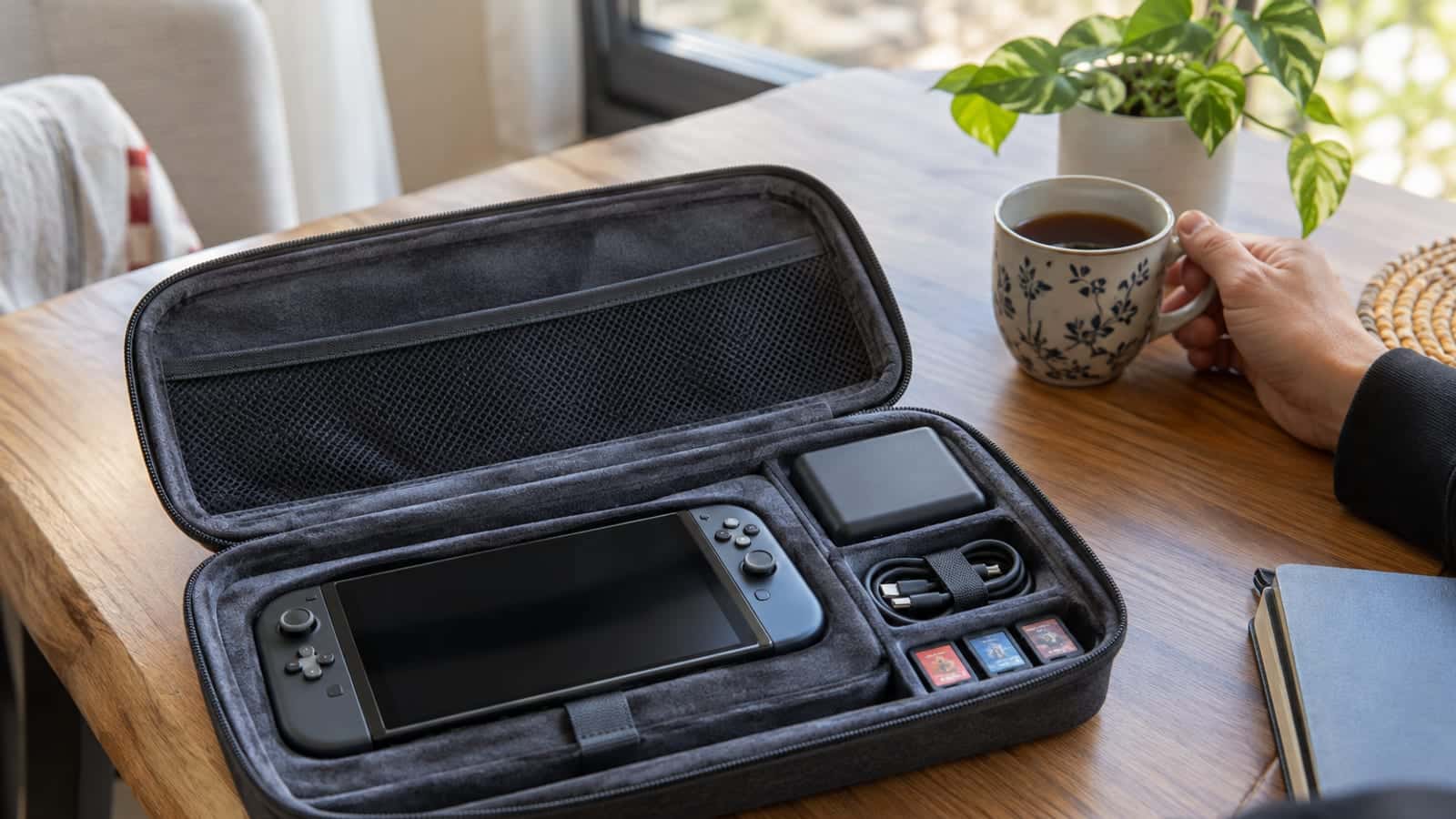 Masada açık duran kadife astarlı gri taşıma çantası, içinde taşınabilir oyun konsolu, yanında güç bankası, oyun kartları ve USB-C kablo