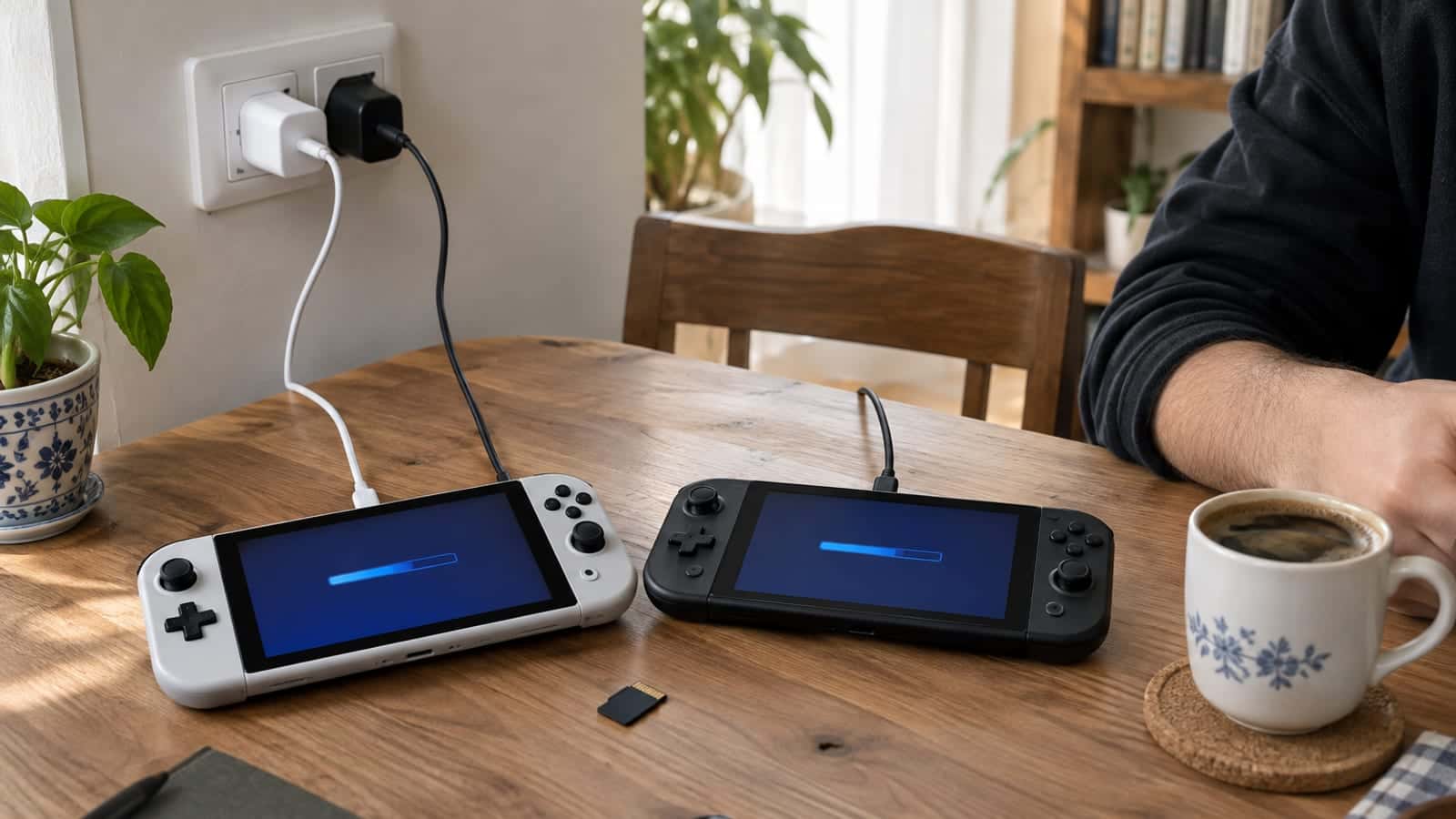 Masada yan yana duran iki el konsolu, ikisi de USB-C kabloyla bağlı, ekranlarında veri aktarımı ilerleme çubuğu görünüyor