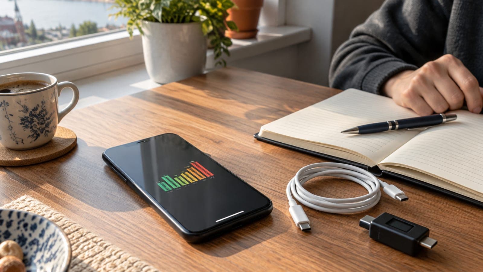 Masada pil kullanım grafiği açık duran bir telefon; yanında şarj kablosu, USB güç ölçer, not defteri ve kalem.