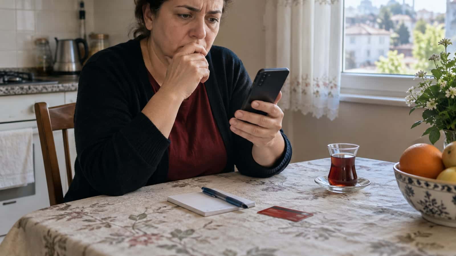 Mutfak masasında elinde telefon tutan kadın, tanımadığı numaradan gelen çağrıya şüpheyle bakıyor; masada not kâğıdı ve banka kartı var.