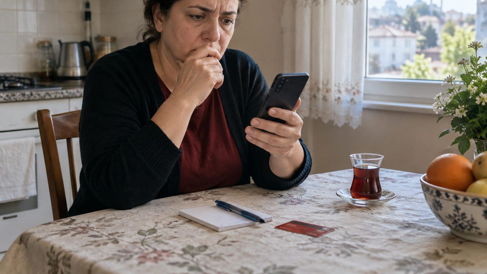 Mutfak masasında elinde telefon tutan kadın, tanımadığı numaradan gelen çağrıya şüpheyle bakıyor; masada not kâğıdı ve banka kartı var.