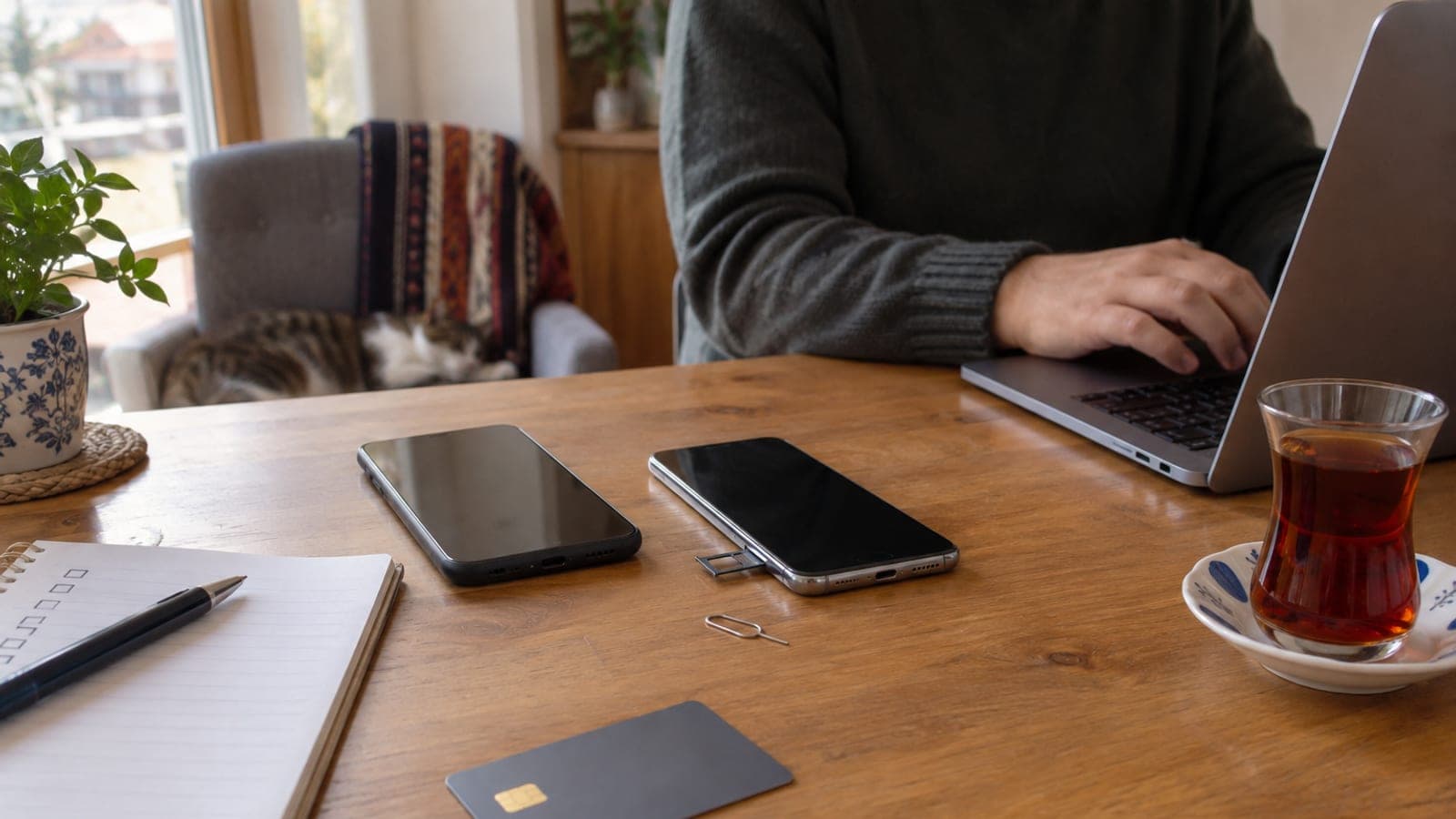 Masada yan yana iki telefon, SIM çıkarma iğnesi, elle yazılmış kontrol listesi, banka kartı ve açık dizüstü bilgisayar