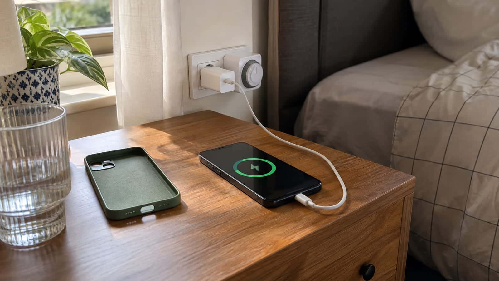 Komodin üzerinde kabloyla şarj olan telefon, yanında çıkarılmış kılıf, adaptör ve zamanlayıcılı priz.