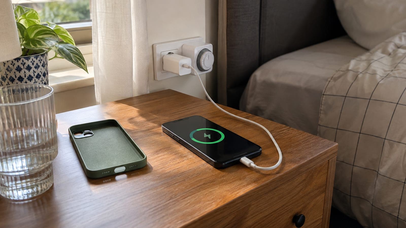 Komodin üzerinde kabloyla şarj olan telefon, yanında çıkarılmış kılıf, adaptör ve zamanlayıcılı priz.