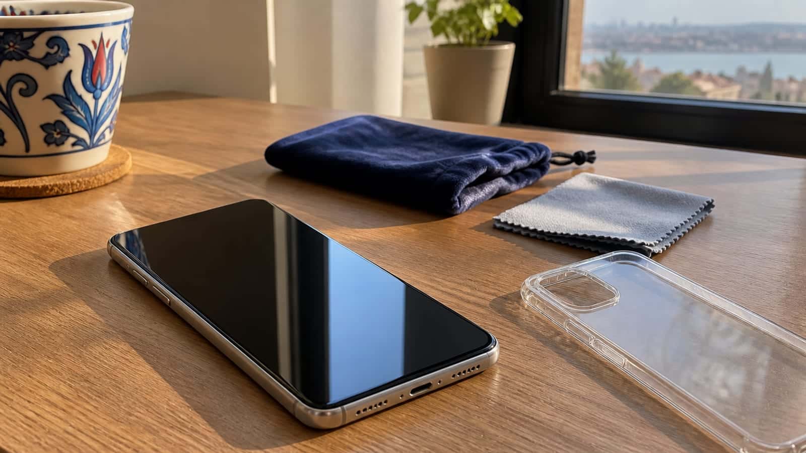Masada kılıfsız duran bir akıllı telefon, yanında çıkarılmış şeffaf kılıf, kadife kese ve mikrofiber temizlik bezi