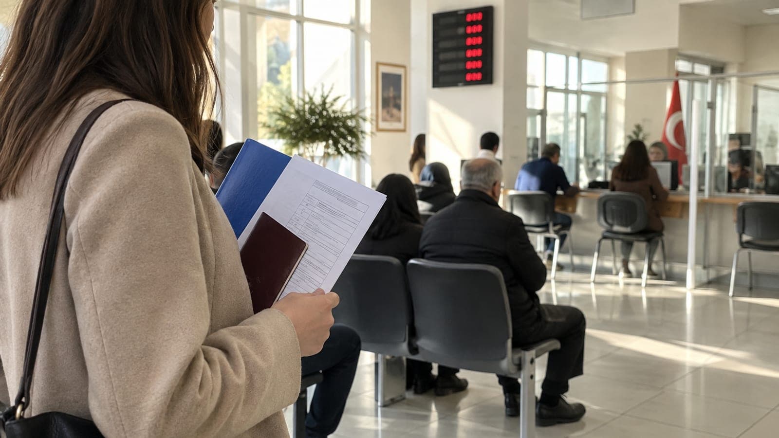 Elinde mavi dosya, pasaport ve başvuru formu tutan genç kadın, devlet dairesi bekleme salonunda bankoya doğru bekliyor.