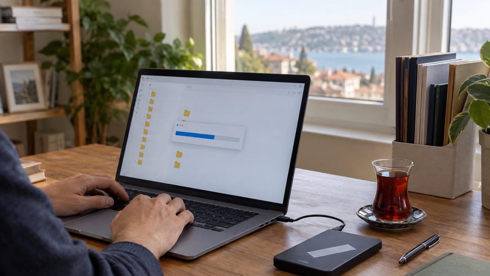 Çalışma masasında dizüstü bilgisayara USB kabloyla bağlı taşınabilir harici disk ve ekranda süren dosya kopyalama işlemi.