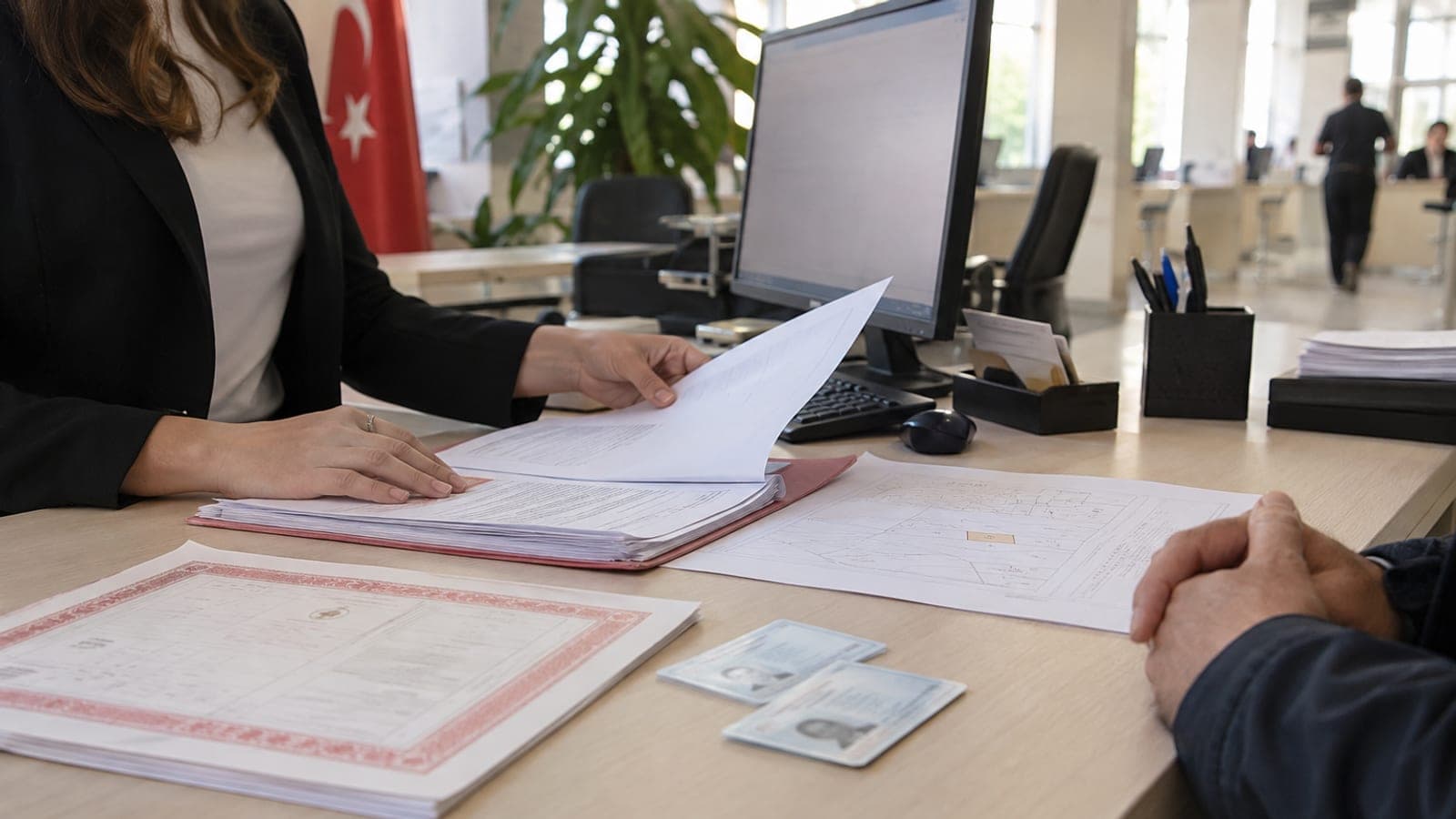 Tapu Müdürlüğü ortamında veraset ilamı ve taşınmaz belgelerinin bulunduğu masa