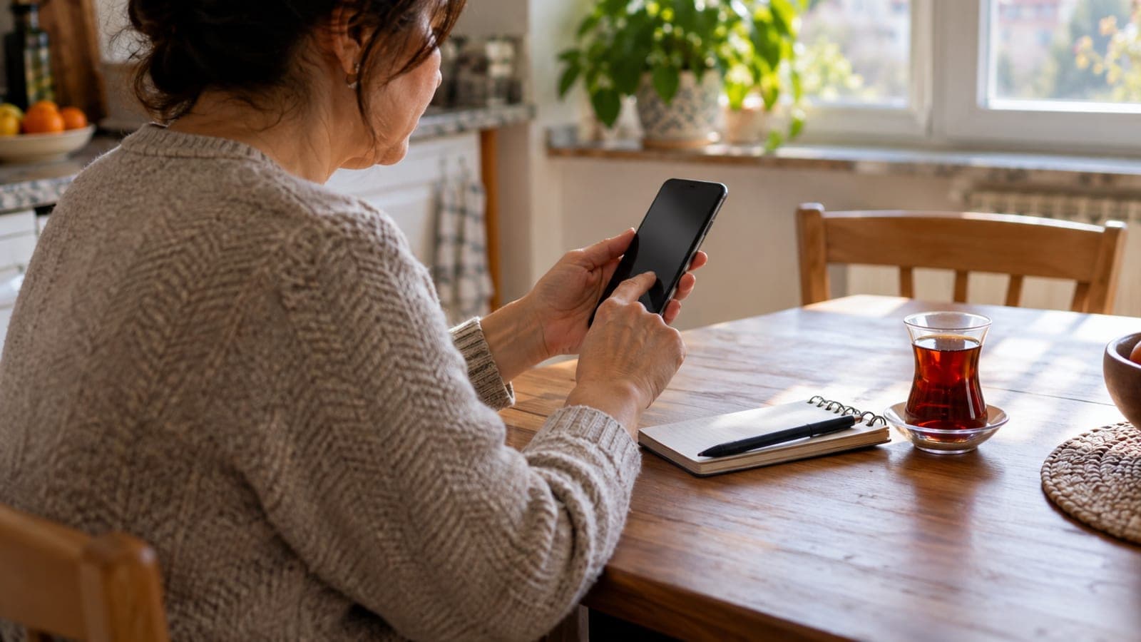 Mutfak masasında telefonunun ayarlarına bakan bir kadın; yanında çay bardağı, not defteri ve kalem var.