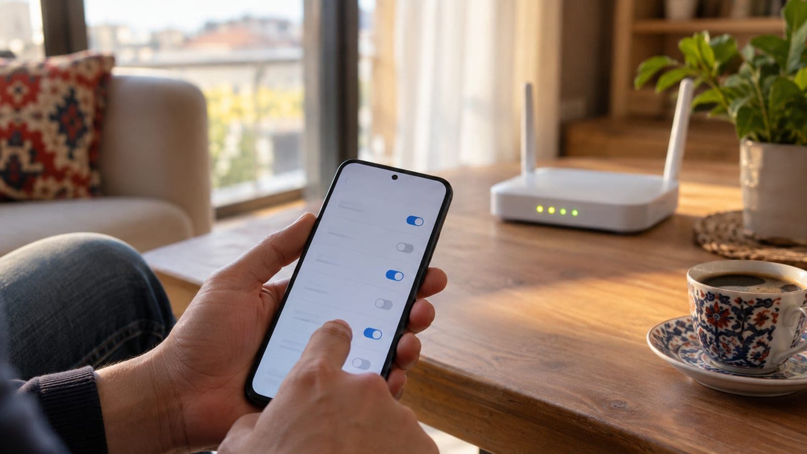 Bir elde tutulan akıllı telefonda sıralı ayar düğmeleri; arka planda bulanık bir Wi-Fi modemi ve masada kahve fincanı