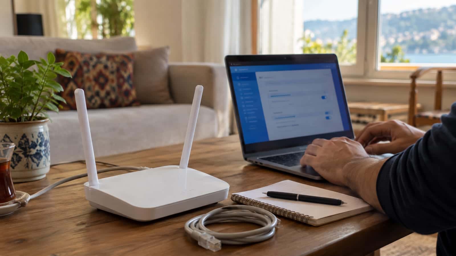 Sehpa üstünde beyaz modem, yanında ayar sayfası açık dizüstü bilgisayar ve kıvrılmış Ethernet kablosu