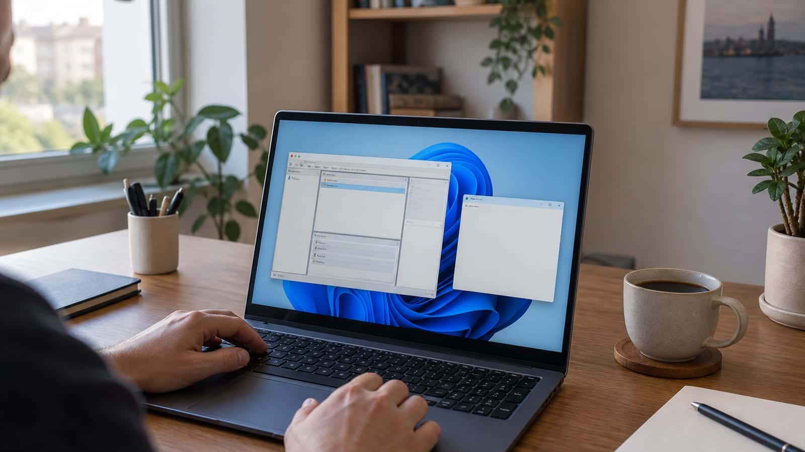 Masadaki dizüstü bilgisayarın ekranında Windows 11 görev zamanlama penceresi ve yanında açık bir metin düzenleyici görünüyor.