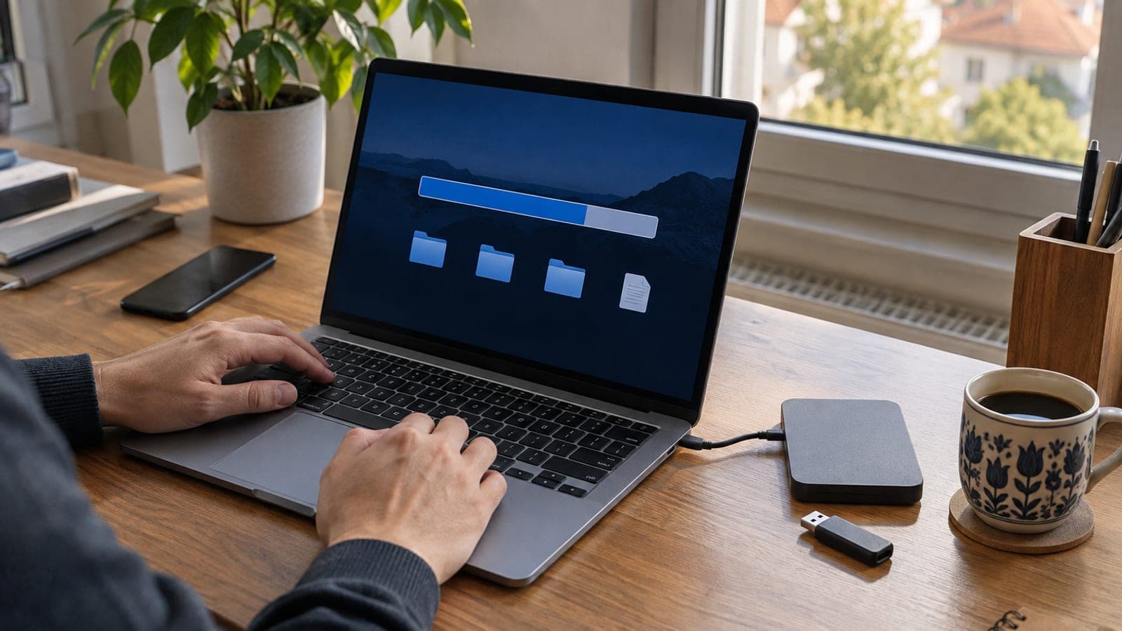 Masadaki dizüstü bilgisayarın ekranında depolama alanı grafiği, yanında harici disk ve USB bellek duruyor