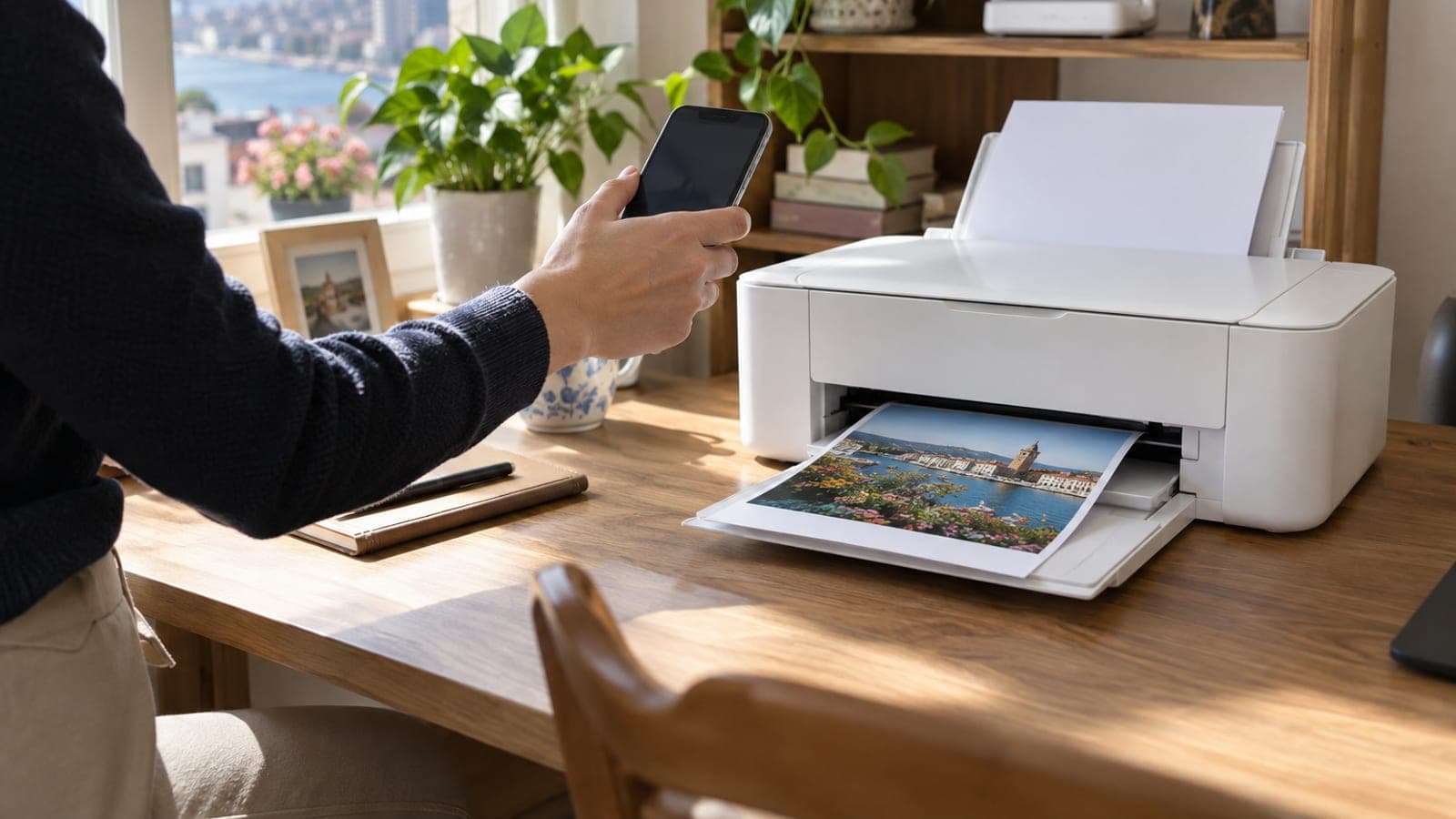 Masadaki kablosuz yazıcıdan çıkan fotoğraf ve yazıcıya doğru uzatılmış akıllı telefon, arkada Wi-Fi modem