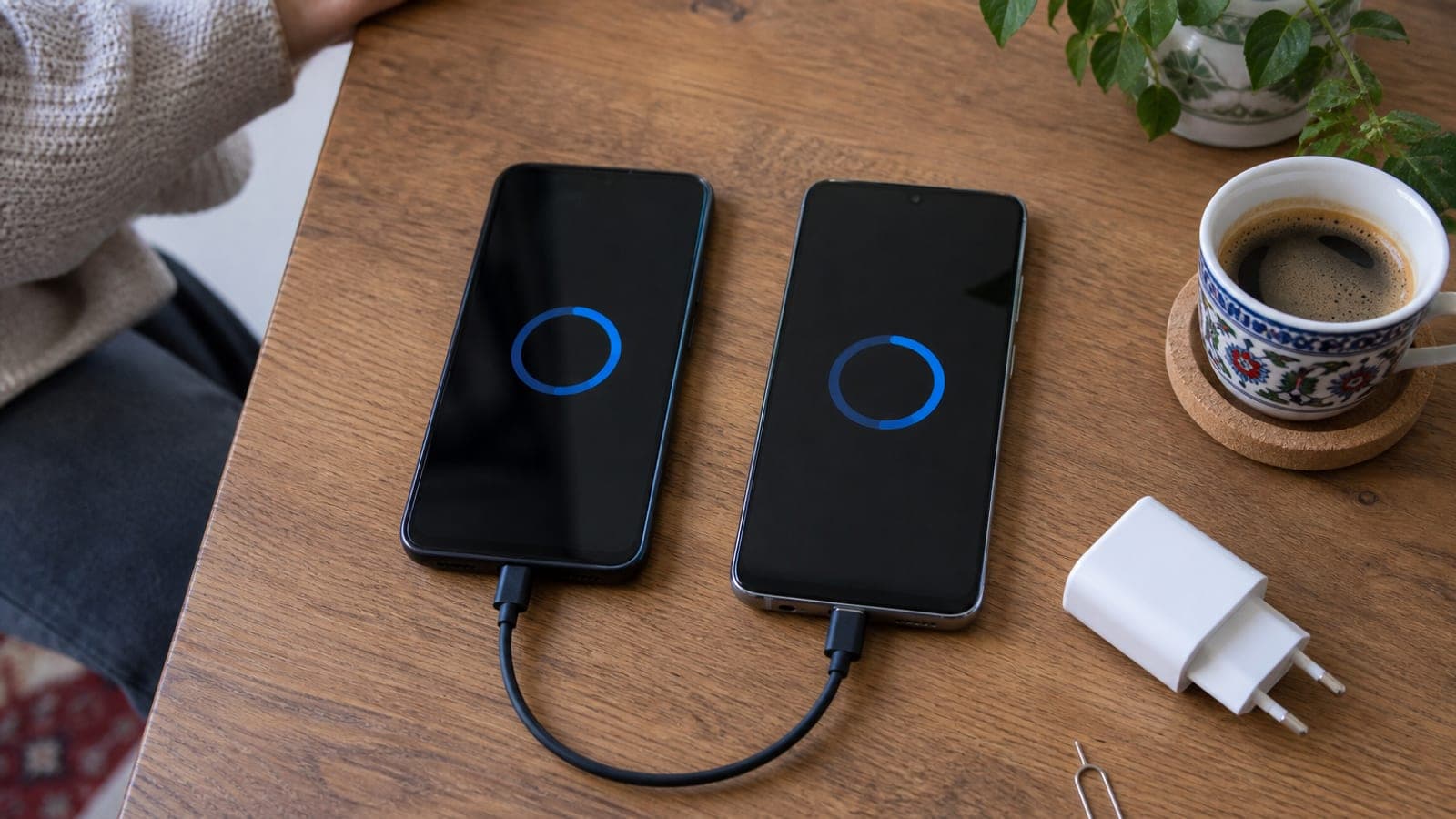 Masada USB-C kabloyla birbirine bağlanmış iki telefon, ekranlarında veri aktarımı ilerleme göstergesi görünüyor.