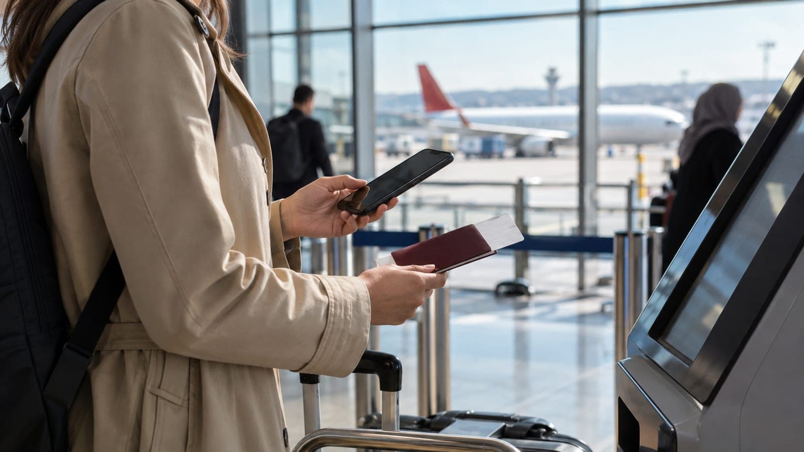 Havalimanı terminalinde elinde pasaport ve telefon tutan yolcu, arkada bagaj arabası ve camdan görünen uçak.
