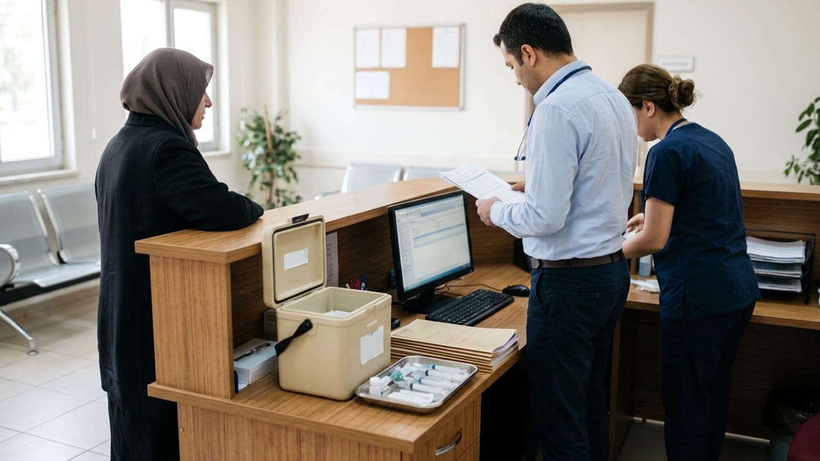 Aile sağlığı merkezinde hemşire ve hekim, zatürre aşısı için danışma masasında bekleyen kişiye yardımcı oluyor.