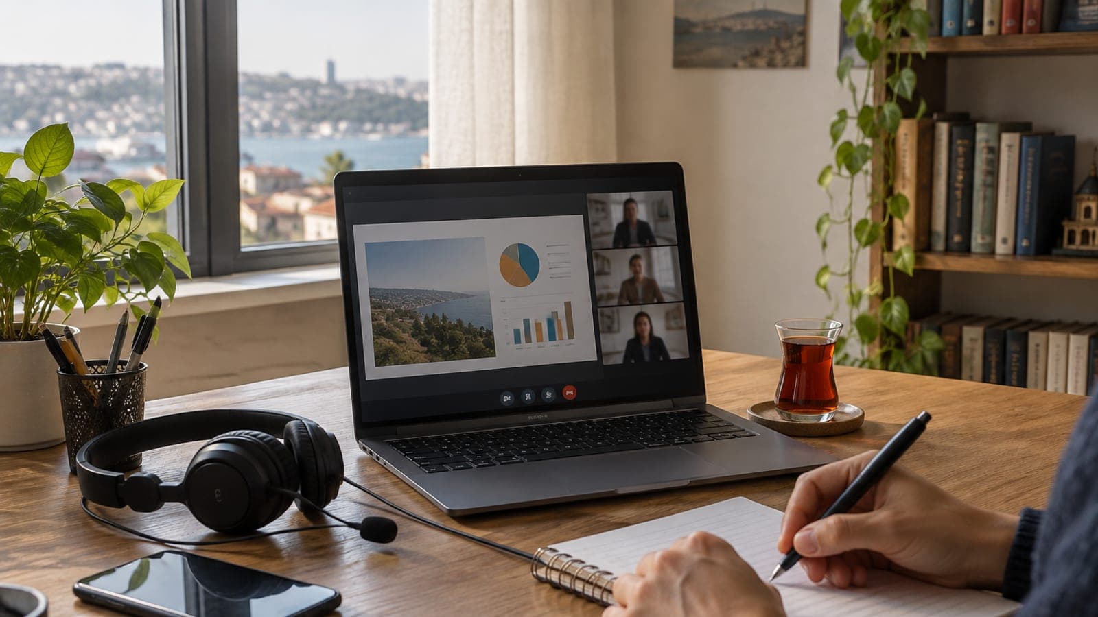 Ev ofisinde dizüstü bilgisayarda açık online toplantı ekranı, yanında mikrofonlu kulaklık, not defteri ve çay bardağı.